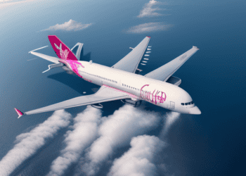 A pink and white airplane, operated by Virgin Atlantic, flying over the ocean on a sustainable fuel-powered transatlantic flight.