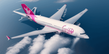 A pink and white airplane, operated by Virgin Atlantic, flying over the ocean on a sustainable fuel-powered transatlantic flight.