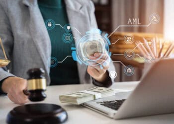 Judge examines cash, gavel and scales nearby; AML compliance and sanctions enforcement concept. - Supply Chain News