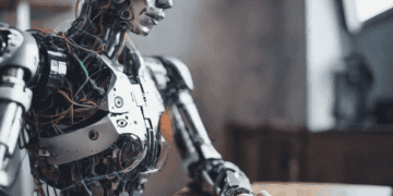 A robot addressing the AI skills gap with a laptop at a desk.