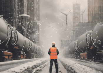 Worker in safety vest surveys snowy industrial landscape with wind turbines and transport. AI-enhanced climate forecasting improves supply chain resilience. - Supply Chain News