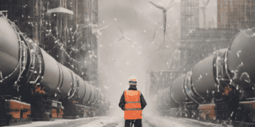 Worker in safety vest surveys snowy industrial landscape with wind turbines and transport. AI-enhanced climate forecasting improves supply chain resilience. - Supply Chain News