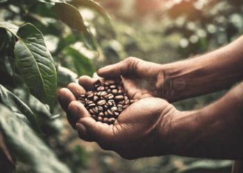A man is holding coffee beans in his hands, showcasing the impact of advancements in coffee plantation technology.