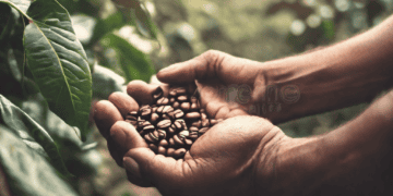 A man is holding coffee beans in his hands, showcasing the impact of advancements in coffee plantation technology.