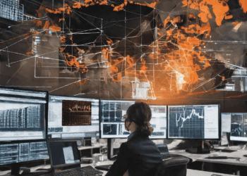 A woman working at a computer with a world map on the screen as part of Thomson Reuters' Corporate Global Trade Survey.