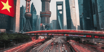 Shanghai skyline at night, showcasing modern architecture and busy highway. China's economic landscape. - Supply Chain News
