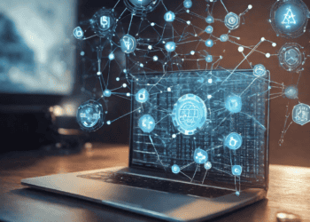 Laptop displaying AI-blockchain network combating luxury counterfeiting. Crypto symbols connect, showcasing technology's role. - Supply Chain News