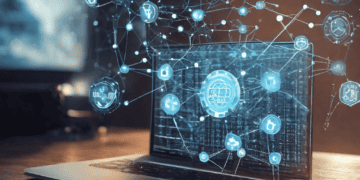 Laptop displaying AI-blockchain network combating luxury counterfeiting. Crypto symbols connect, showcasing technology's role. - Supply Chain News