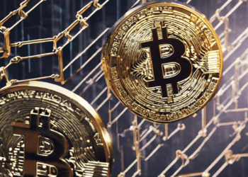Golden Bitcoin cryptocurrency coins against a blockchain background. Blockchain adoption. - Supply Chain News