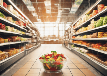 Fresh fruit salad in a glass bowl in a supermarket aisle. Blockchain technology improves food supply chain transparency. - Supply Chain News