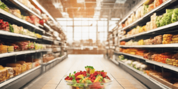 Fresh fruit salad in a glass bowl in a supermarket aisle. Blockchain technology improves food supply chain transparency. - Supply Chain News