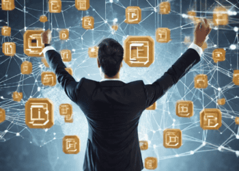 Businessman interacting with a blockchain network visualization. Sustainable business development through digital transformation. - Supply Chain News