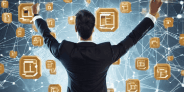 Businessman interacting with a blockchain network visualization. Sustainable business development through digital transformation. - Supply Chain News