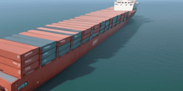 3D rendering of a large container ship in the ocean, emphasizing the construction and US market significance.