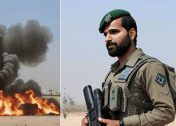 Two captivating pictures showcasing the social media dynamics of a man wielding a gun amidst a blazing fire.