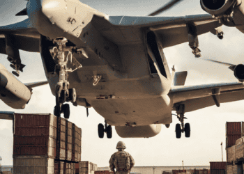 Military cargo plane landing near shipping containers; soldier observing. Challenges in securing DoD digital logistics. - Supply Chain News