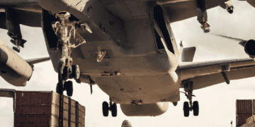 Military cargo plane landing near shipping containers; soldier observing. Challenges in securing DoD digital logistics. - Supply Chain News
