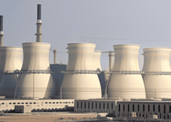 A 3D rendering of a gigantic nuclear power plant.