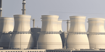 A 3D rendering of a gigantic nuclear power plant.