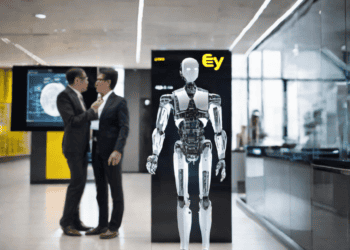 A humanoid robot stands in an office lobby, with two businesspeople in the background. The EY logo is visible. - Supply Chain News