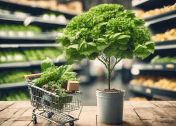 Mini shopping cart filled with fresh produce next to a potted plant, representing sustainable retail practices. - Supply Chain News