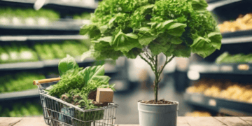Mini shopping cart filled with fresh produce next to a potted plant, representing sustainable retail practices. - Supply Chain News