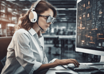 Female industrial technician wearing headset and glasses, working on computer, embracing technological advancements. - Supply Chain News