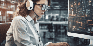 Female industrial technician wearing headset and glasses, working on computer, embracing technological advancements. - Supply Chain News