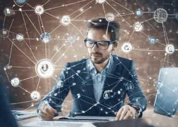 A businessman sitting at a desk, surrounded by a network of AI icons enhancing Electronic Data Interchange (EDI).