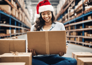 A woman wearing a santa hat sitting on the floor in a warehouse, enhancing holiday season logistics and streamlining efficiency.