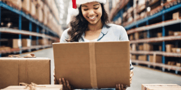 A woman wearing a santa hat sitting on the floor in a warehouse, enhancing holiday season logistics and streamlining efficiency.