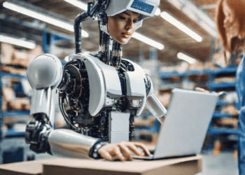 AI robot using laptop in warehouse, enhancing supply chain efficiency. - Supply Chain News