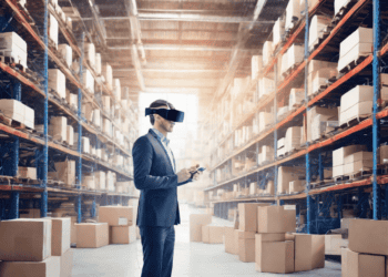 Businessman in VR headset manages warehouse inventory using AI. Enhancing supply chain efficiency. - Supply Chain News