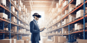 Businessman in VR headset manages warehouse inventory using AI. Enhancing supply chain efficiency. - Supply Chain News