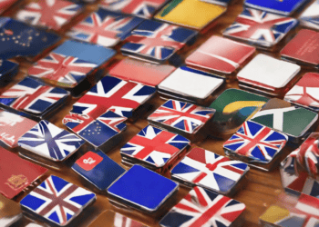 A collection of Commonwealth flags on a wooden table.