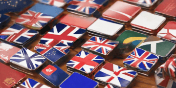 A collection of Commonwealth flags on a wooden table.