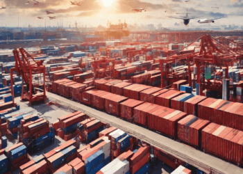 An aerial view of a container port with planes flying overhead, showcasing the current trade dynamics during the Biden era.