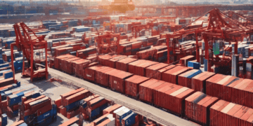 An aerial view of a container port with planes flying overhead, showcasing the current trade dynamics during the Biden era.