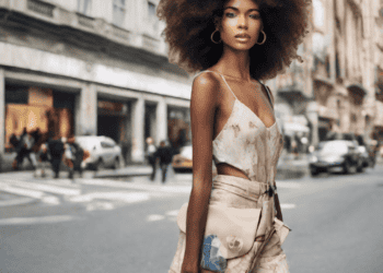 A young woman with afro hair, evolving in the fashion industry, walking down the street.