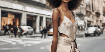 A young woman with afro hair, evolving in the fashion industry, walking down the street.