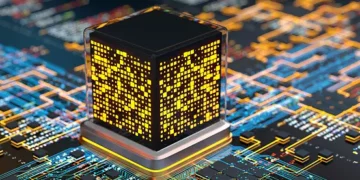 Quantum computer processor: glowing data cube on circuit board. Exploring quantum computing's cybersecurity implications. - Supply Chain News