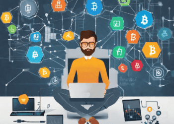 Man meditating, surrounded by cryptocurrency symbols and tech devices, exploring blockchain technology. - Supply Chain News