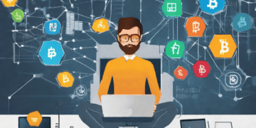 Man meditating, surrounded by cryptocurrency symbols and tech devices, exploring blockchain technology. - Supply Chain News