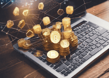Golden Bitcoin stacks on laptop; blockchain technology use case. - Supply Chain News