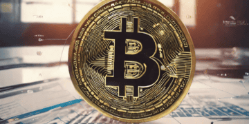 A bitcoin, representing the finance aspect, is sitting on top of a computer screen symbolizing the innovative blockchain technology.