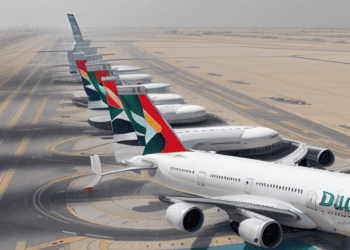 Passengers at Dubai International Airport eagerly await their flights as a group of airplanes are lined up on the tarmac.