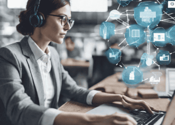 Businesswoman using laptop, AI-enhanced supply chain communication visualized - Supply Chain News