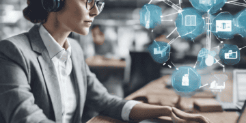 Businesswoman using laptop, AI-enhanced supply chain communication visualized - Supply Chain News