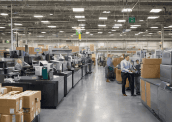 Modern warehouse with employees working on large printing machines. Supply chain finance operations. - Supply Chain News