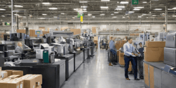 Modern warehouse with employees working on large printing machines. Supply chain finance operations. - Supply Chain News